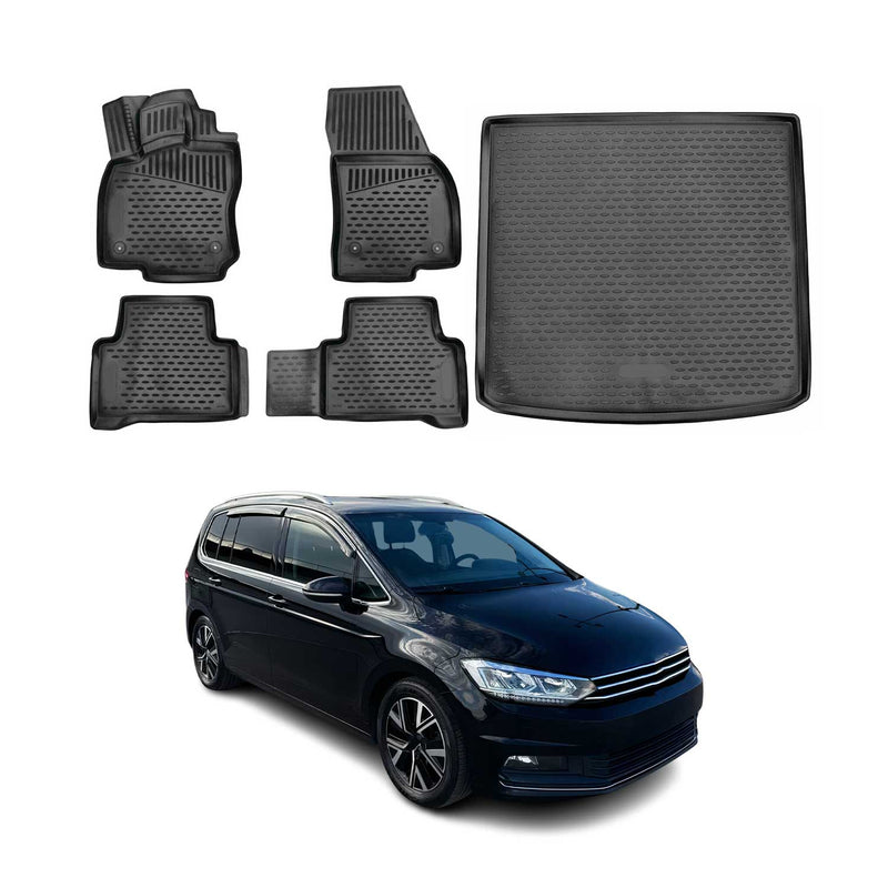 Kit Tapis de sol et coffre pour VW Touran 2015-2024 en Caoutchouc TPE Noir