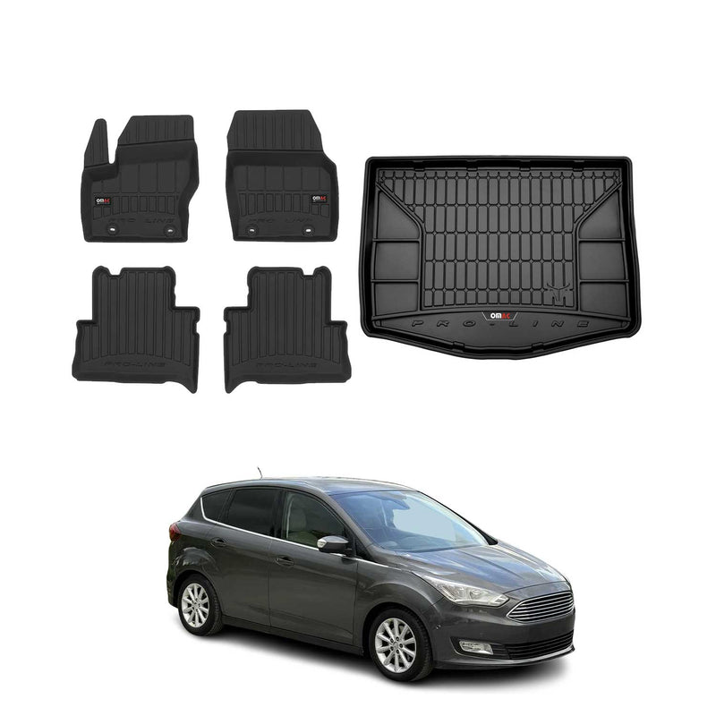 Kit Tapis de Sol et Coffre pour Ford C-Max 2010-2019 en Caoutchouc Noir