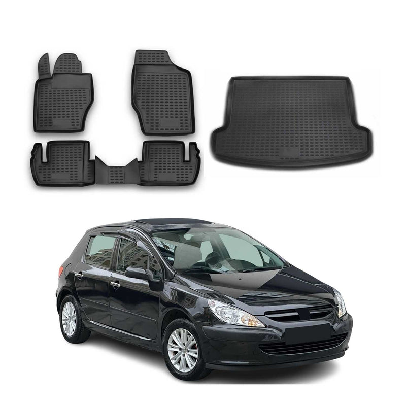Kit Tapis de sol et coffre pour Peugeot 307 2001-2008 Break en Caoutchouc Noir