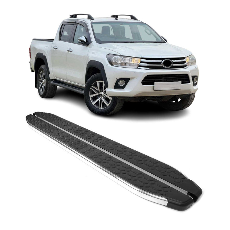 Marchepieds Latéraux pour Toyota Hilux Double Cab 2015-25 inox Argent Noir 2Pcs