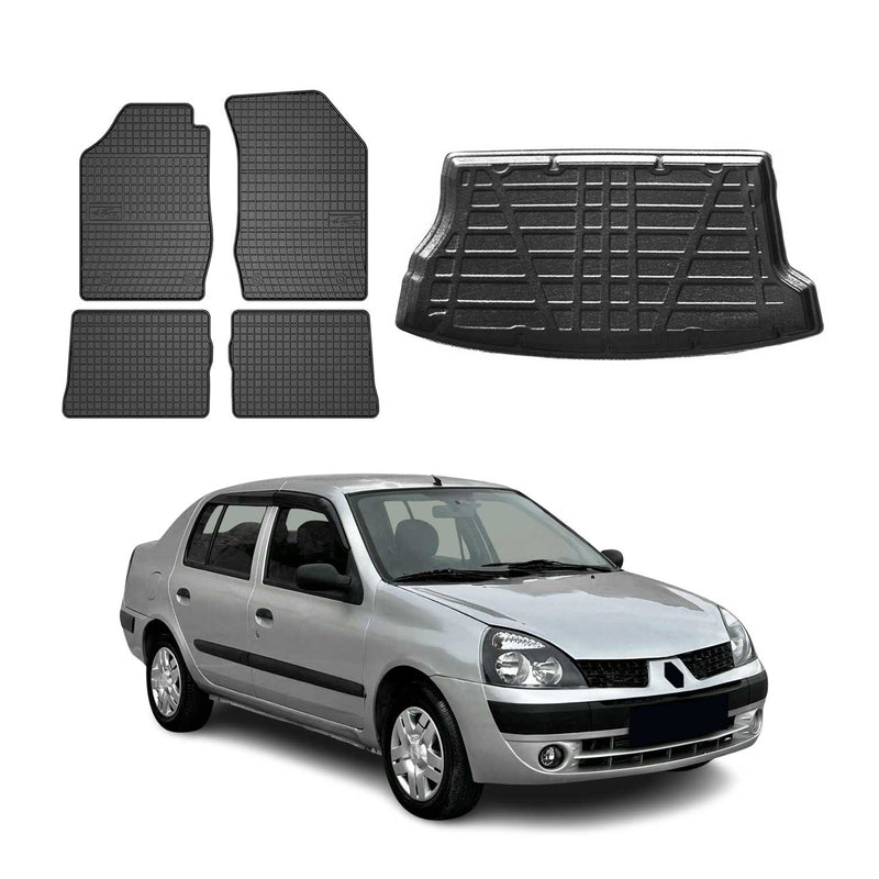 Kit Tapis de sol et coffre pour Renault Clio II 1999-2006 HB TPE Noir