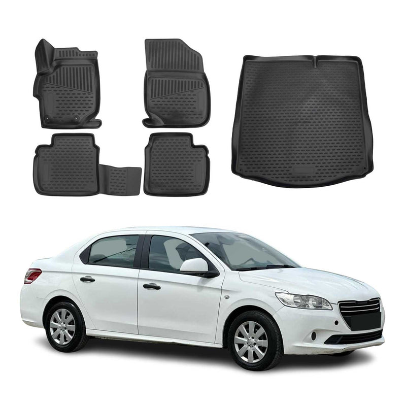 Kit Tapis de sol et coffre pour Peugeot 301 2013-2020 SD en Caoutchouc TPE Noir