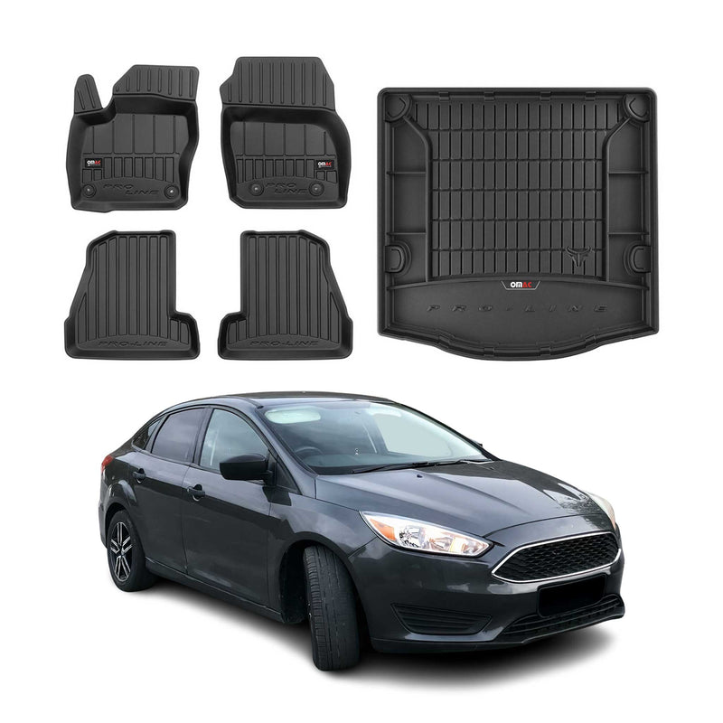 Kit Tapis de Sol et Coffre pour Ford Focus mk3 2011-2018 Berline Caoutchouc Noir