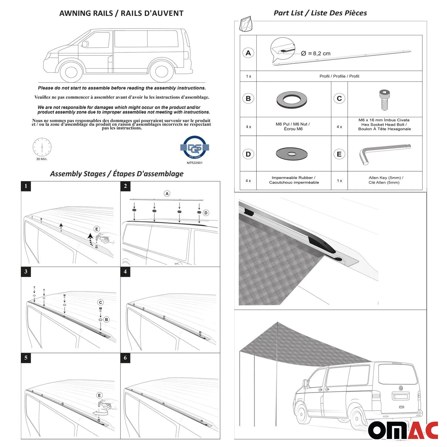 Rail d'auvent de tent extérieur de tent pour VW T5 T6 2003-2025 L1 court Gris