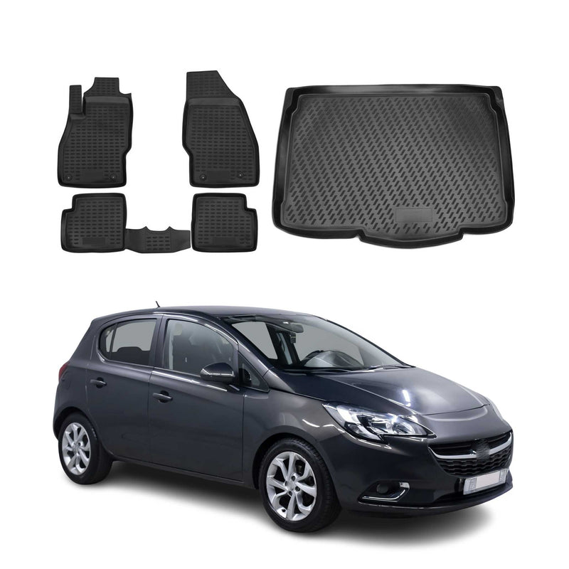Kit Tapis de sol et coffre pour Opel Corsa E 2014-2020 en Caoutchouc TPE Noir
