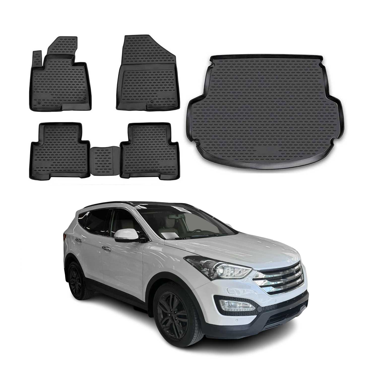 Kit Tapis de sol et coffre pour Hyundai Santa Fe 2013-2018 en Caoutchouc Noir