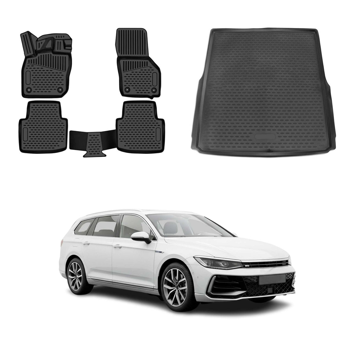 Kit Tapis de Sol et Coffre pour VW Passat B8 Break 2019-2023 Facelift Noir TPE