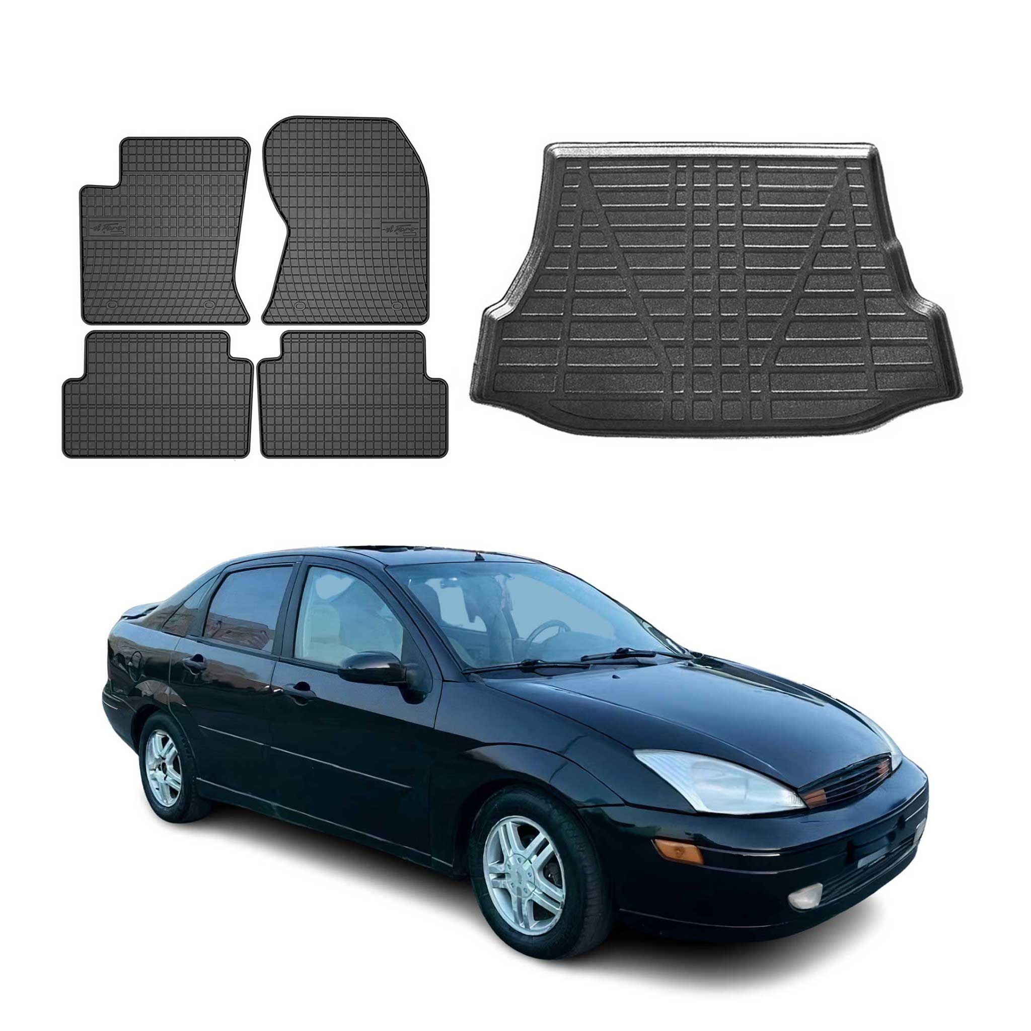 Kit Tapis de sol et coffre pour Ford Focus mk1 1998-2004 Berline TPE Noir