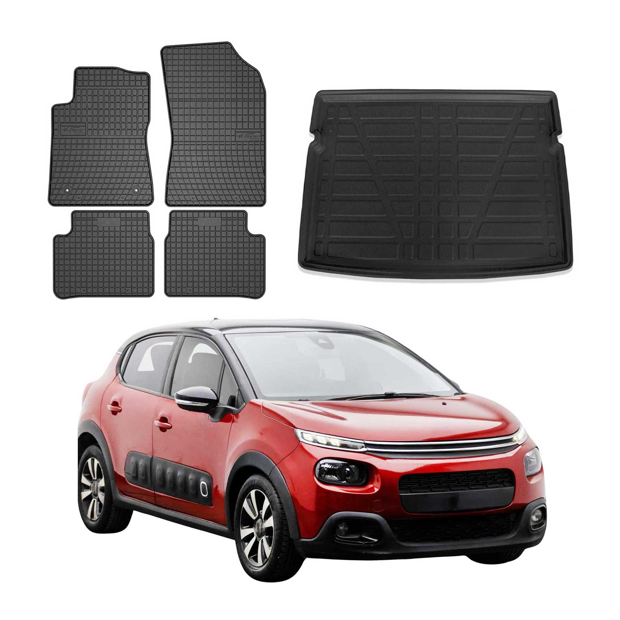 Kit Tapis de sol et coffre pour Citroen C3 2016-2024 HB en Caoutchouc Noir