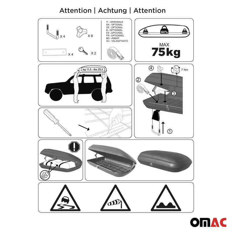 OMAC Coffre de toit 480 litres en fibre de carbone texturée homologué TÜV