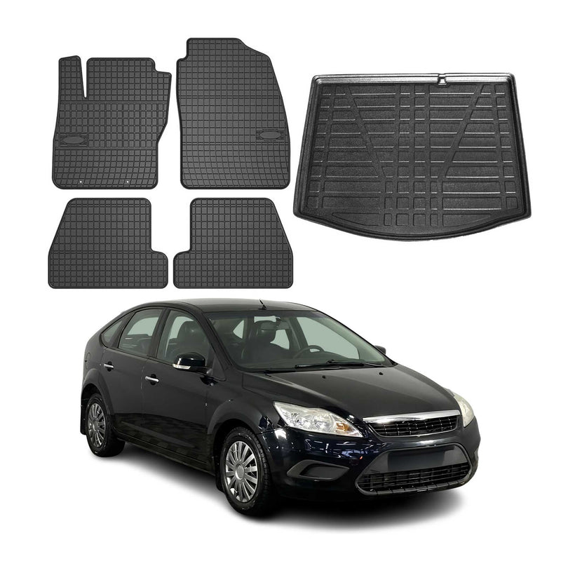 Kit Tapis de sol et coffre pour Ford Focus mk2 2004-2011 5Portes Caoutchouc Noir
