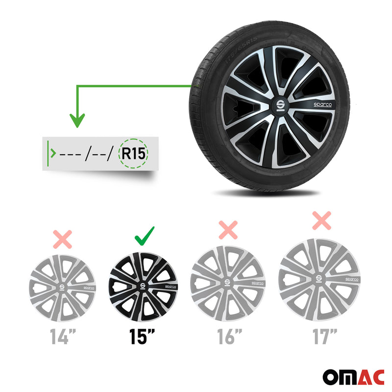 SPARCO Jeu Enjoliveurs de Roues 15 Pouces Argenté Noir ABS 4 piéces