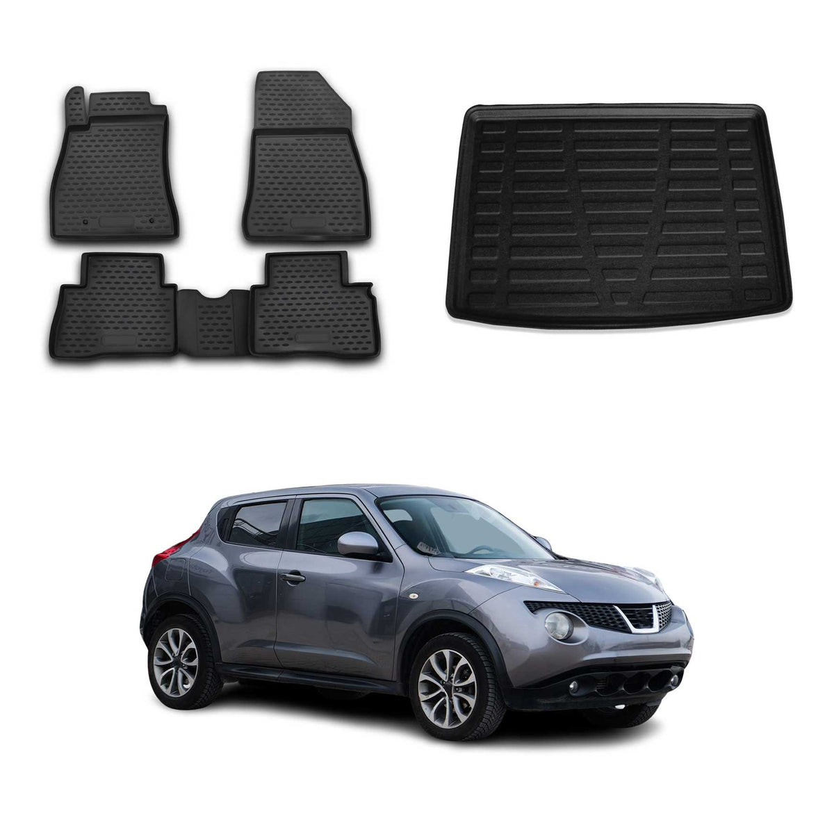 OMAC Kit Tapis de Sol et Coffre pour Nissan Juke I 2010-2019 inférieur Noir