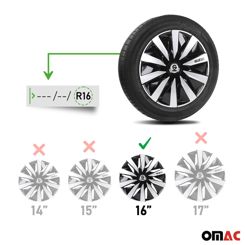 SPARCO Jeu Enjoliveurs de Roues 16 Pouces ABS Noir Argenté 4 piéces