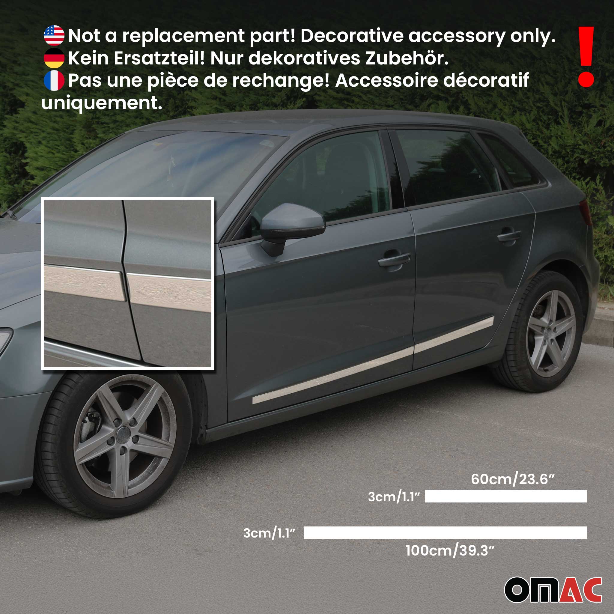 Garniture Baguette de porte latérale pour Audi A3 2012-2025 en acier inoxydable