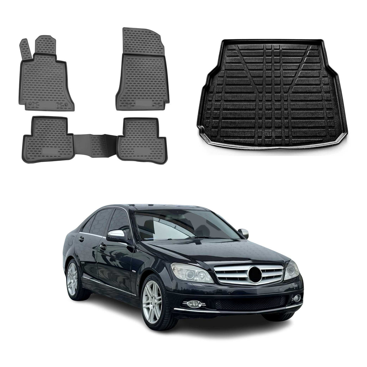 Kit Tapis de Sol et Coffre pour Mercedes Classe C S204 2007-10 Pre-FL Noir TPE