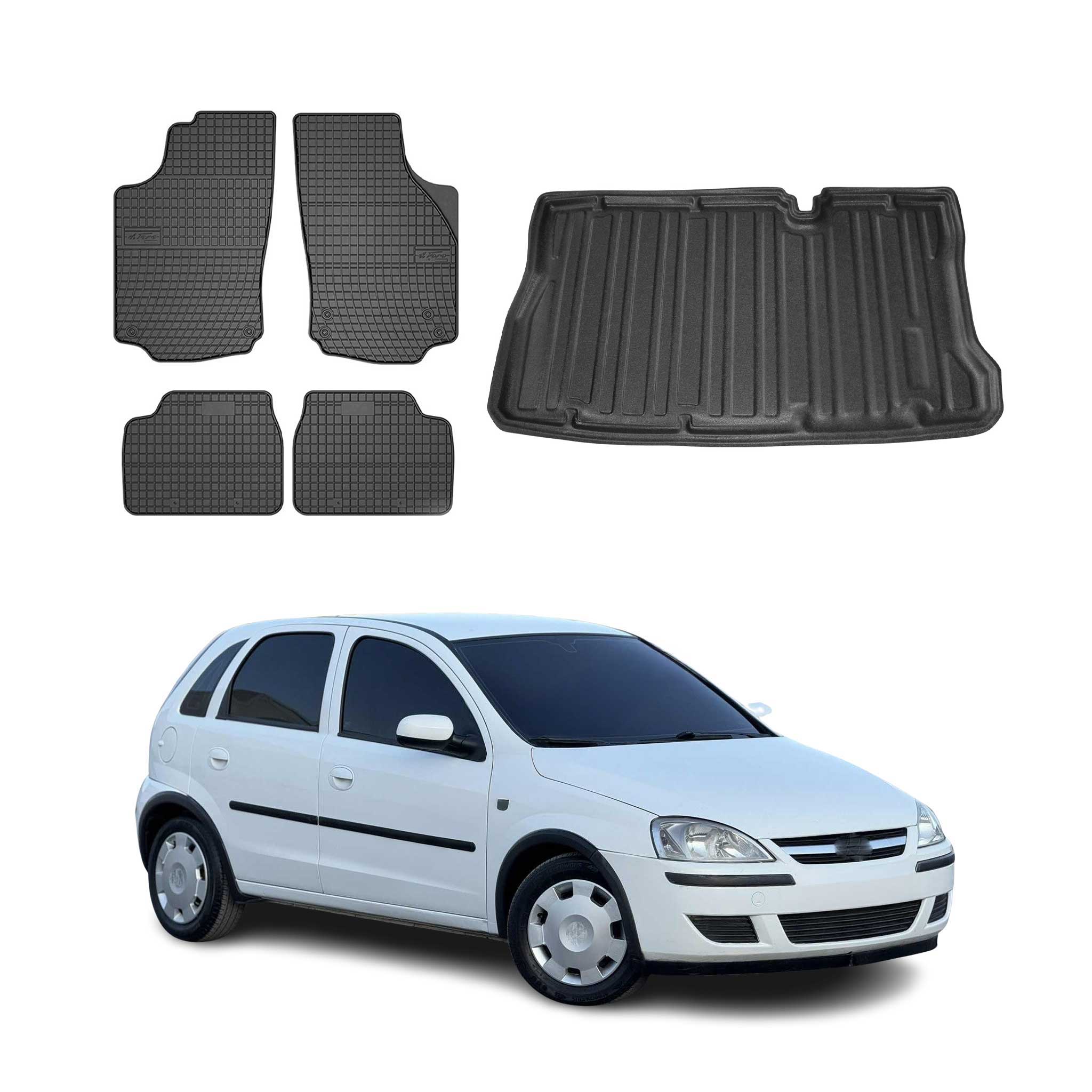 Kit Tapis de sol et coffre pour Opel Corsa C 2000-2006 HB TPE Noir