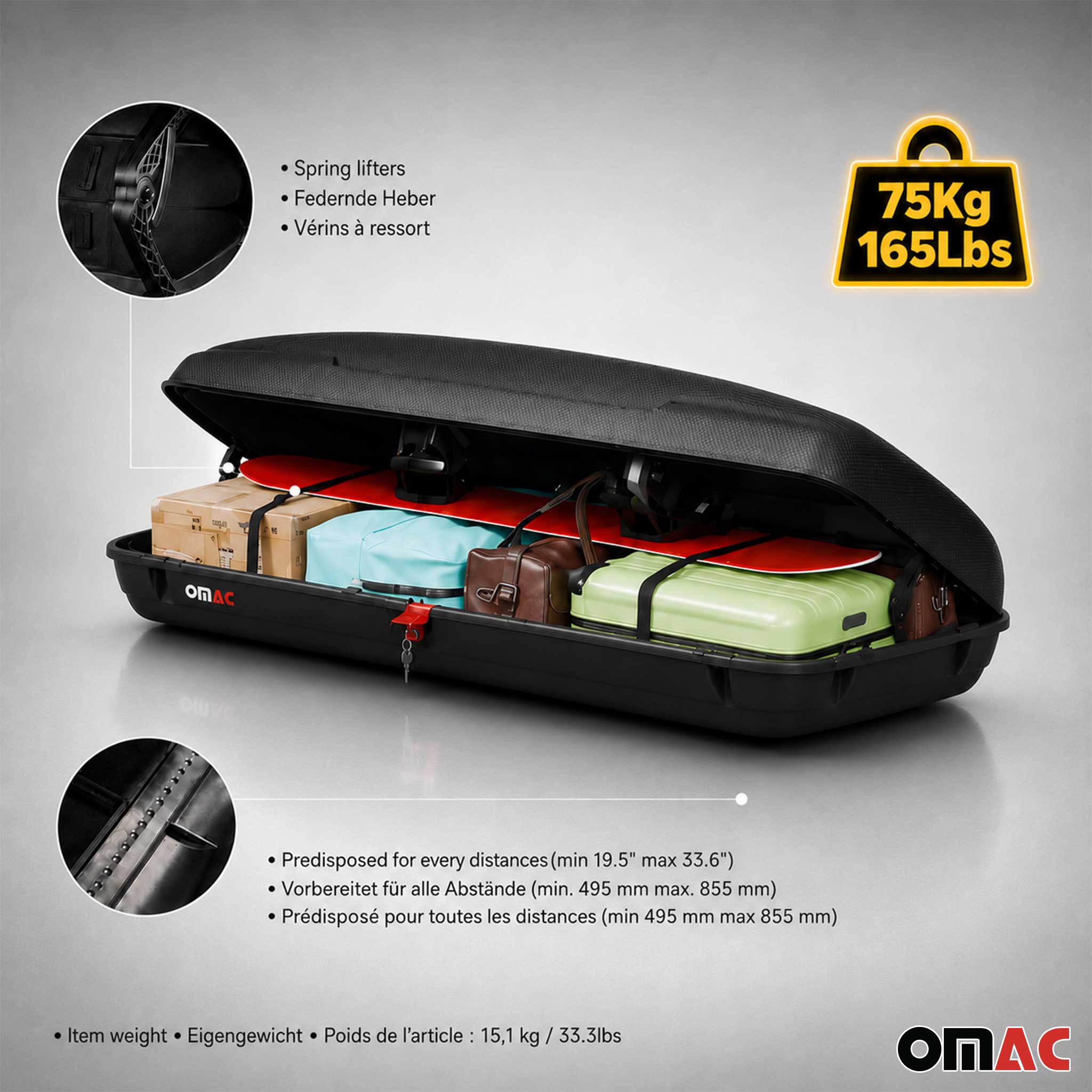 Coffre de Toit 480L + Alu Barres de Toit pour Audi A4 B9 Avant 2016-2025 Noir