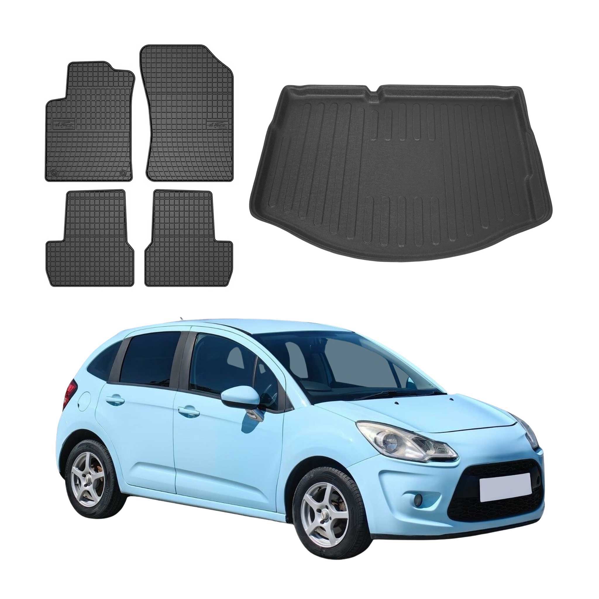 Kit Tapis de sol et coffre pour Citroen C3 2009-2016 HB TPE Noir
