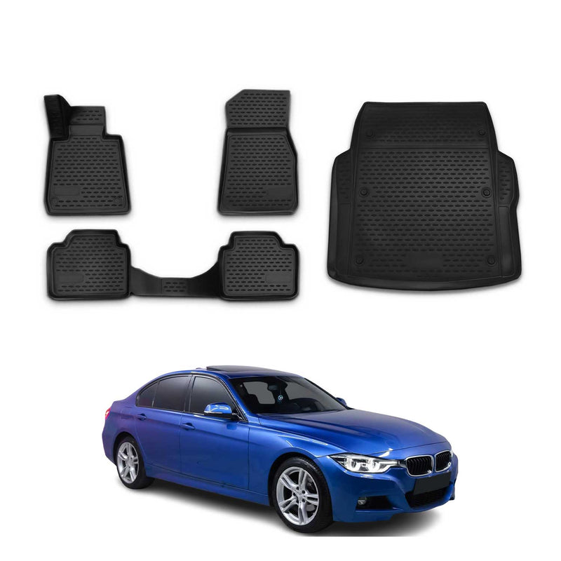Kit Tapis de sol et coffre pour BMW Série 3 F30 M3 F80 2012-2019 Caoutchouc Noir