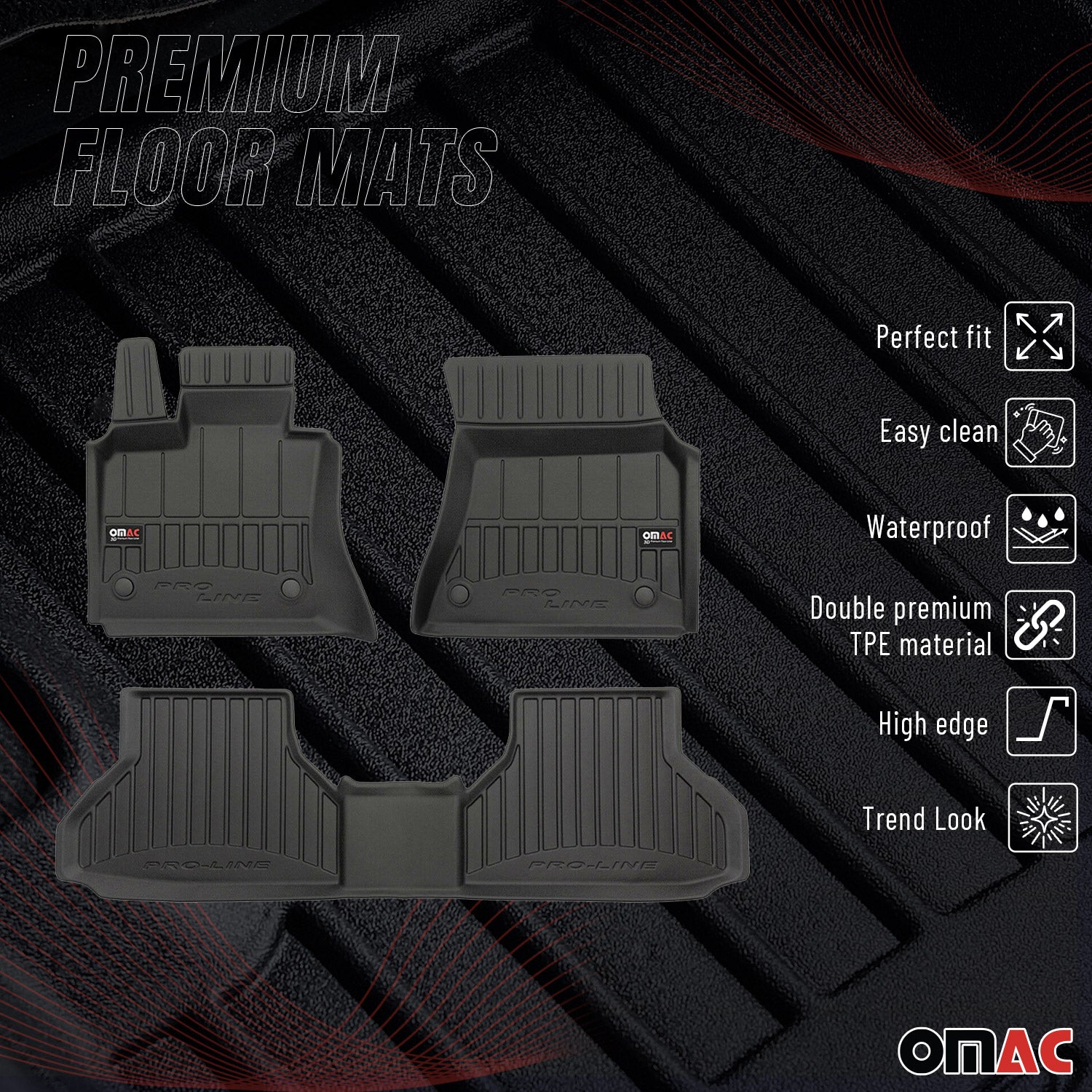 OMAC Tapis de sol caoutchouc pour BMW X6 E71 E72 2007-2014 Noir Premium