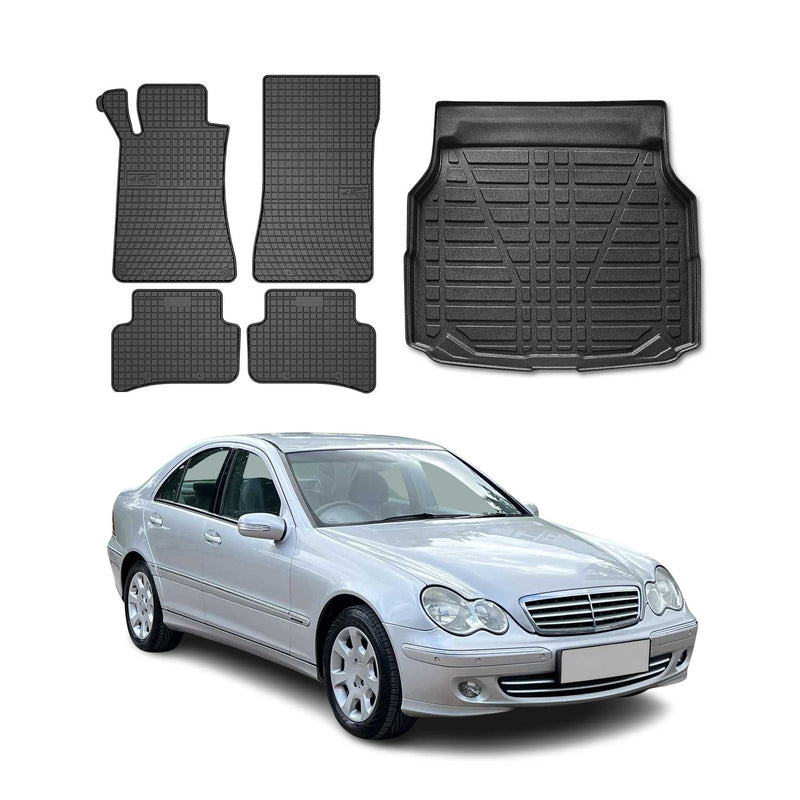 Kit Tapis de sol et coffre pour Mercedes Classe C W203 2000-2007 TPE Noir