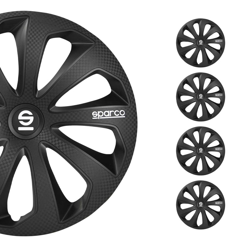 SPARCO Jeu Enjoliveurs de Roues 16 Pouces Noir Carbone en ABS 4 piéces