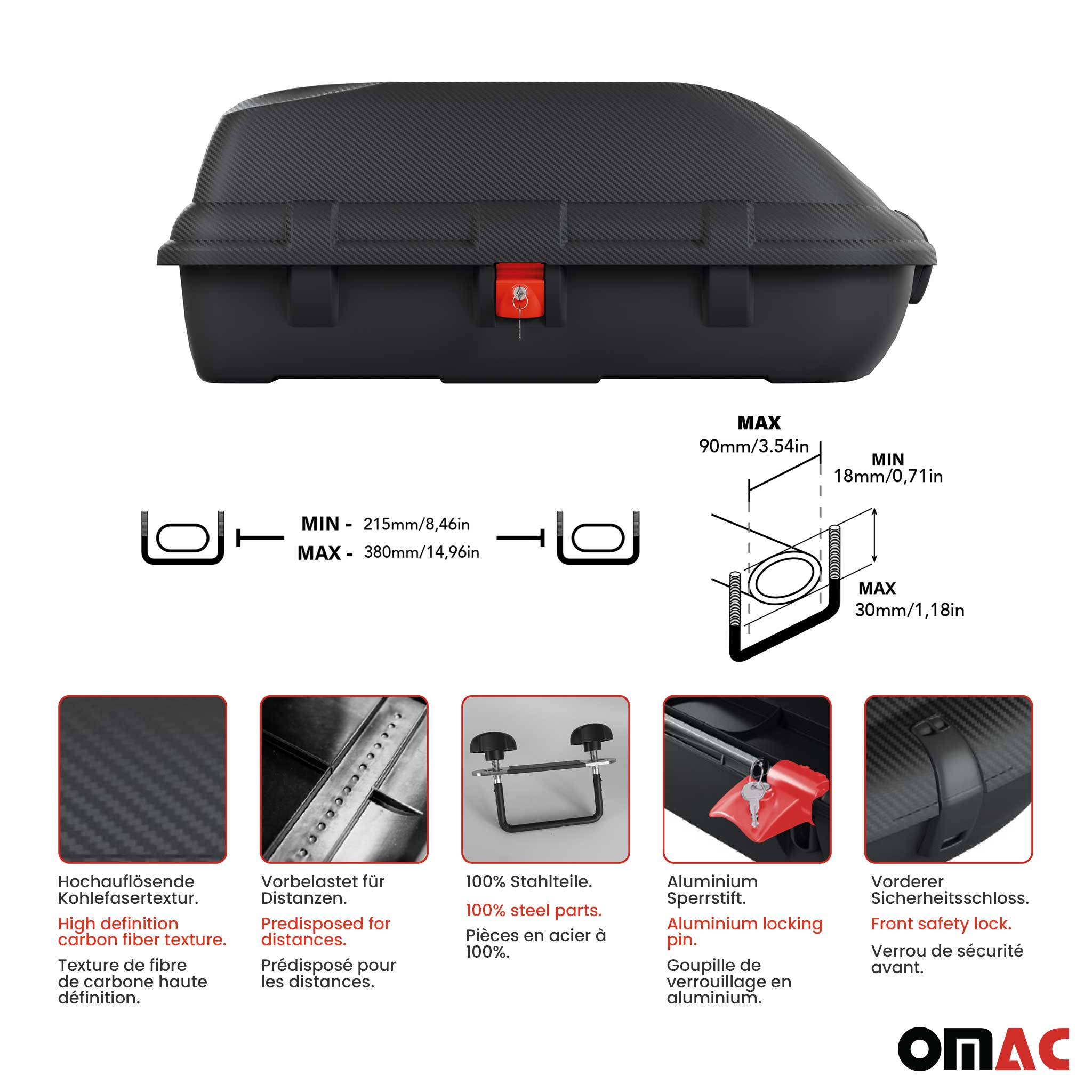 OMAC Coffre de toit 270 litres en fibre de carbone texturée homologué