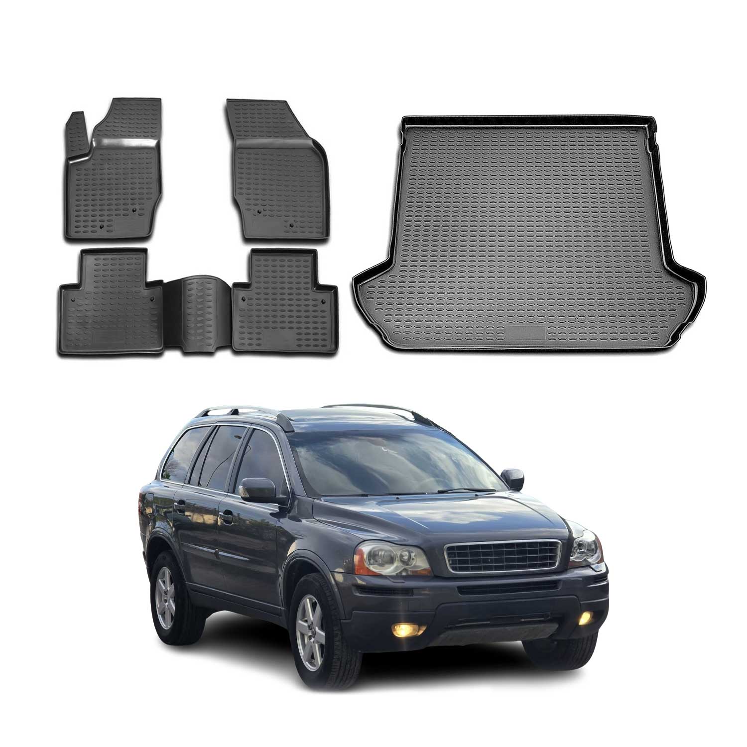 Kit Tapis de sol et coffre pour Volvo XC90 I 2003-2014 en Caoutchouc TPE Noir