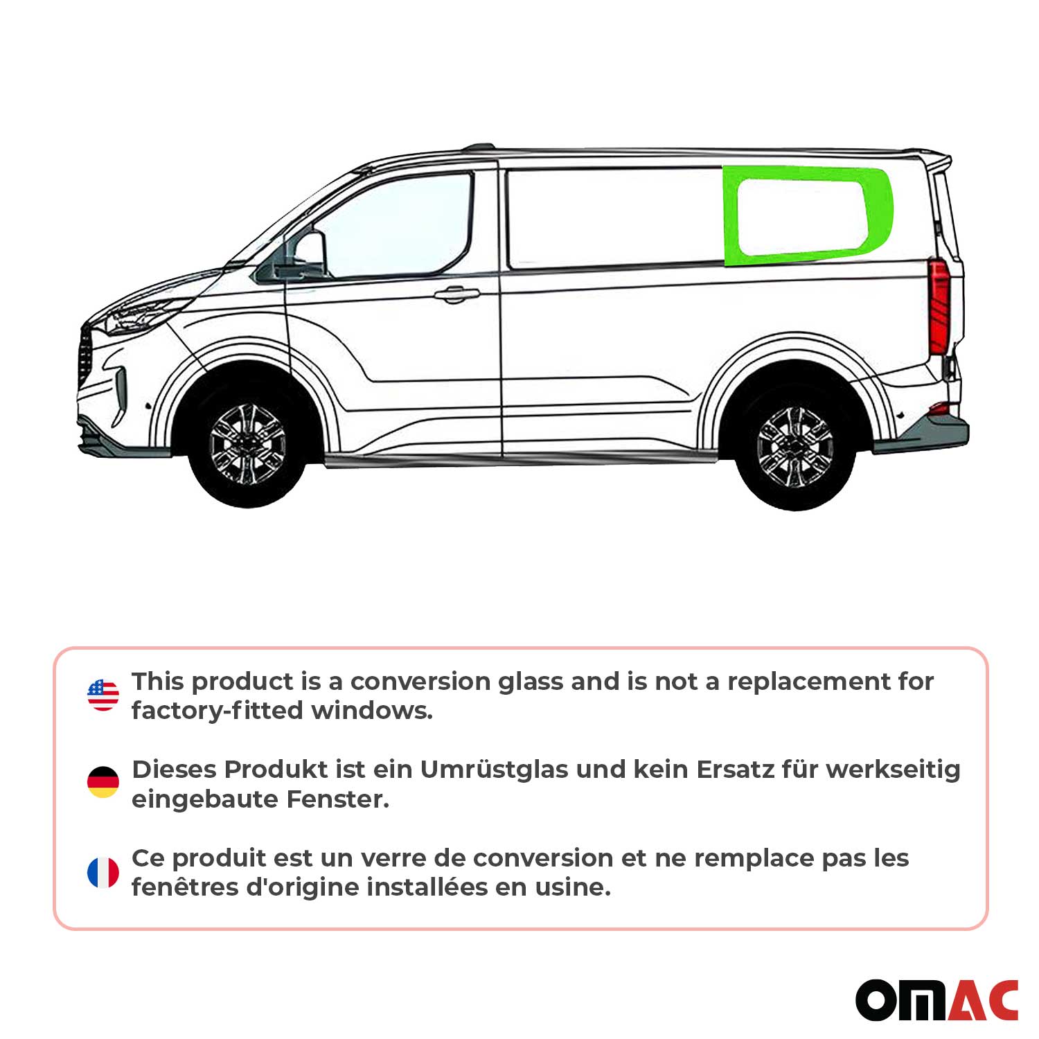 Vitre de Porte pour Ford Transit Custom 2023-2026 L1 Arrière Gauche Verre fixe