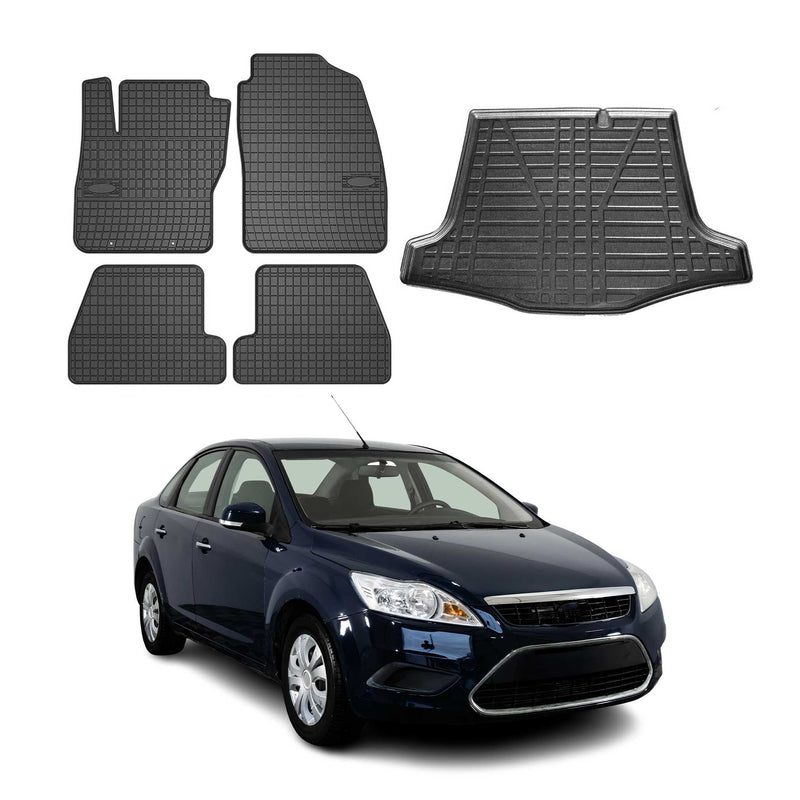 Kit Tapis de sol et coffre pour Ford Focus mk2 2004-2011 Berline TPE Noir