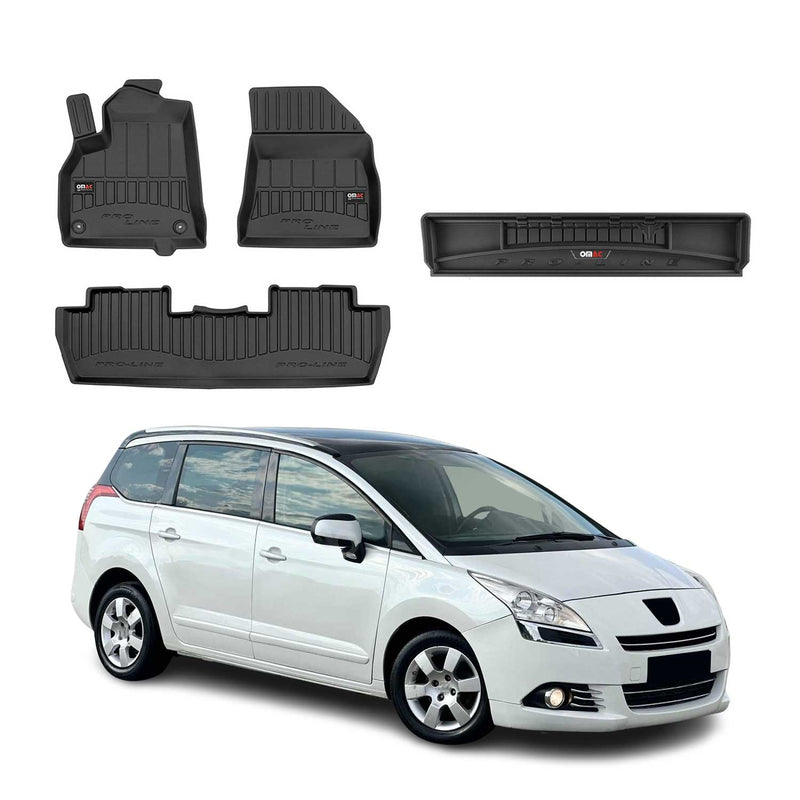 Kit Tapis de Sol et Coffre pour Peugeot 5008 2009-2017 en Caoutchouc Noir