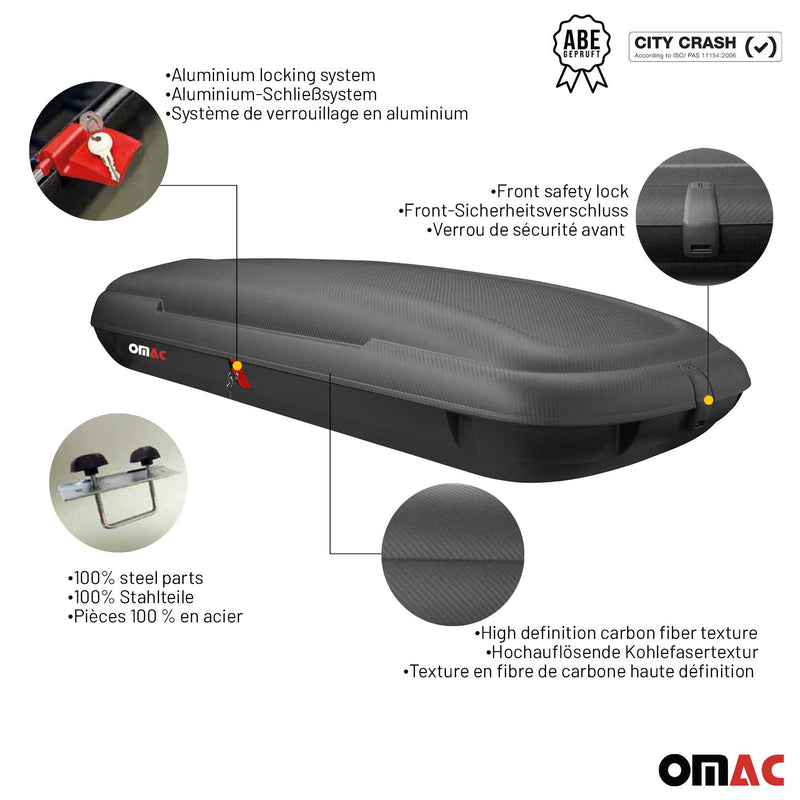 OMAC Coffre de toit 480 litres en fibre de carbone texturée homologué
