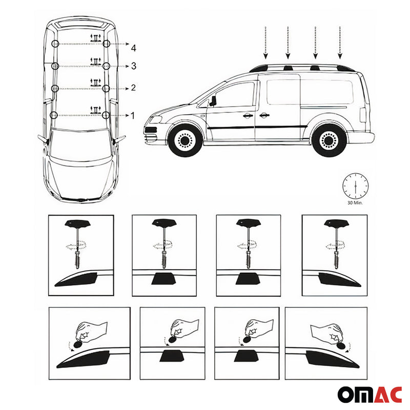 Barres de toit longitudinales pour VW Caddy 2003-2015 L2 Long Aluminium Gris