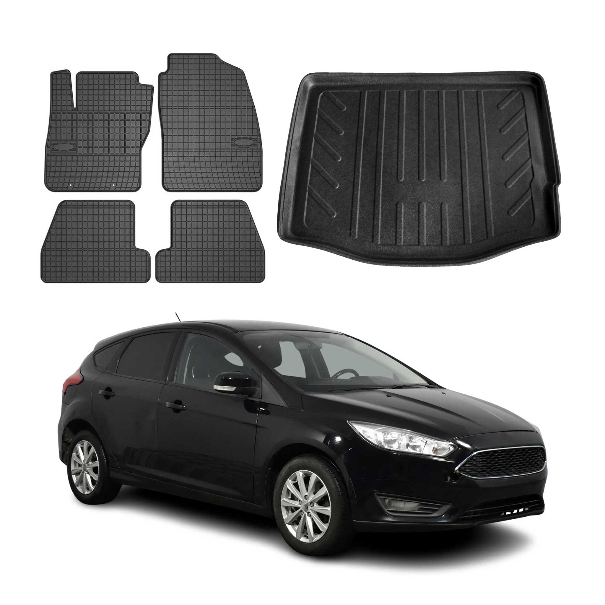 Kit Tapis de sol et coffre pour Ford Focus mk3 2011-2018 5Portes Caoutchouc Noir