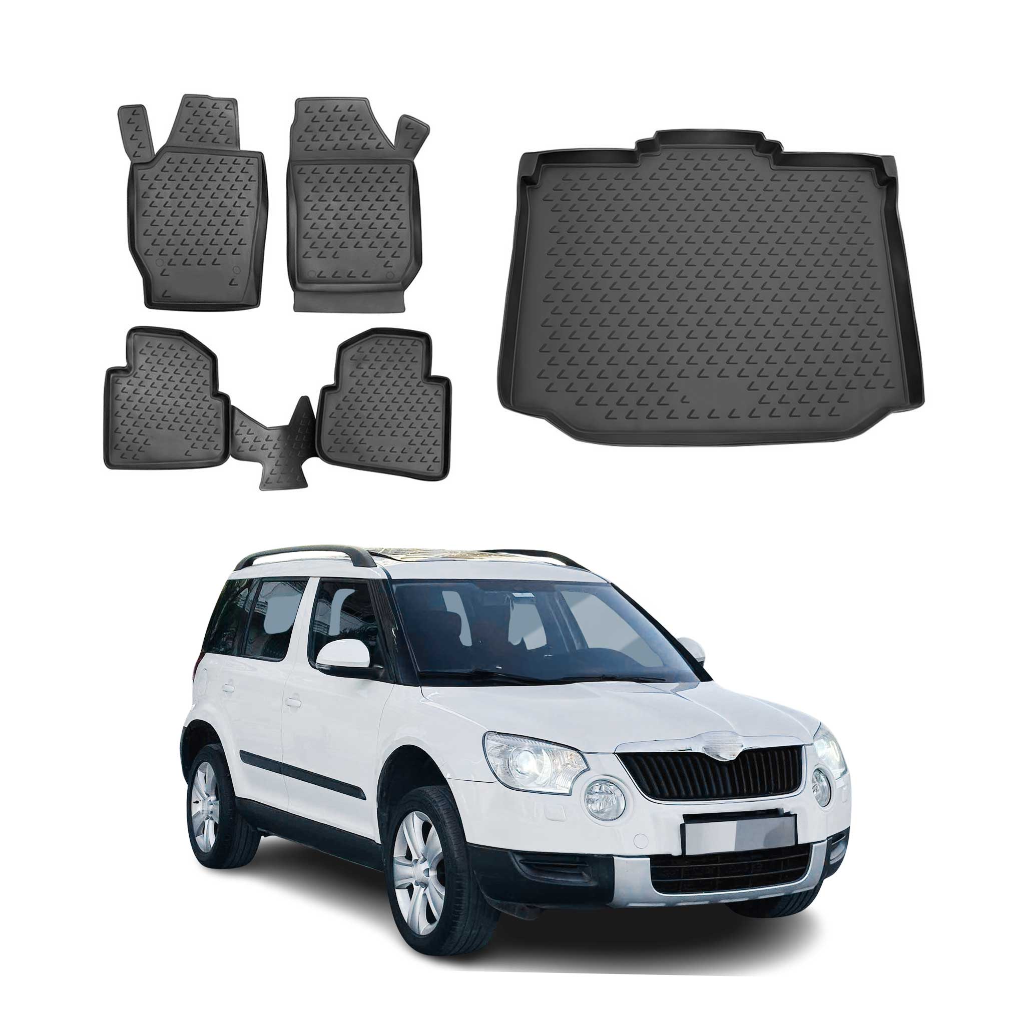 Kit Tapis de sol et coffre pour Skoda Yeti 2009-2017 en Caoutchouc TPE Noir