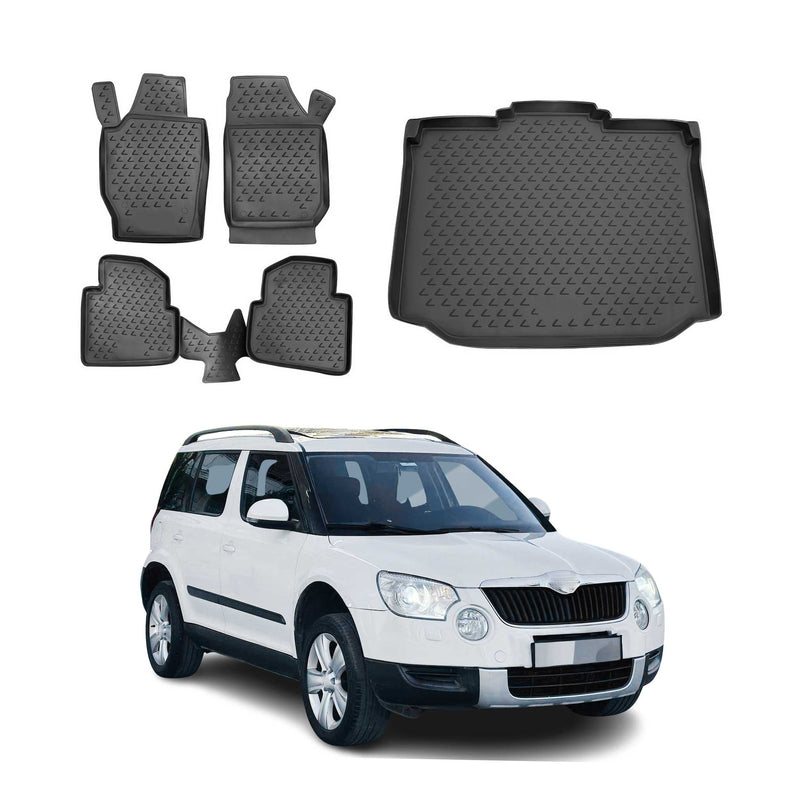 Kit Tapis de sol et coffre pour Skoda Yeti 2009-2017 en Caoutchouc TPE Noir
