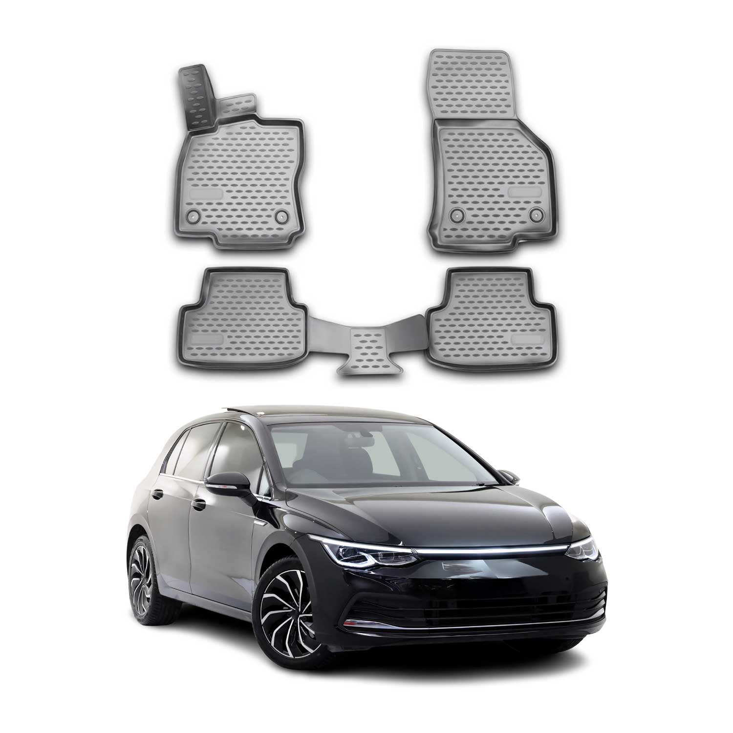 Tapis de sol pour VW Golf VIII 2019-2026 en caoutchouc TPE 3D Gris 4Pcs