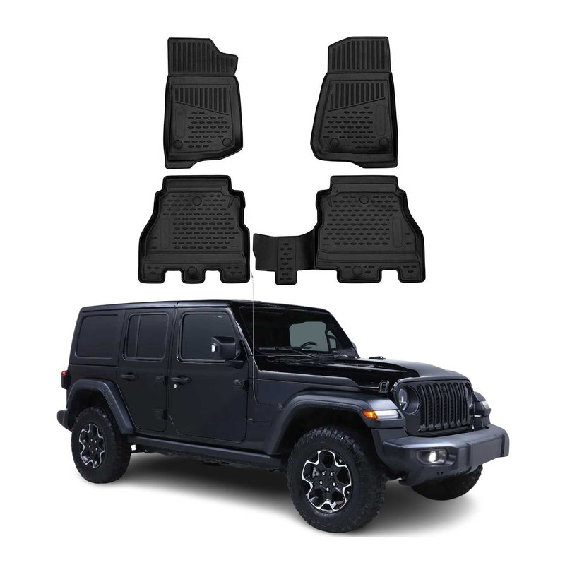Tapis de sol pour Jeep Wrangler Rubicon 2017-2025 en caoutchouc TPE 3D Noir 4Pcs