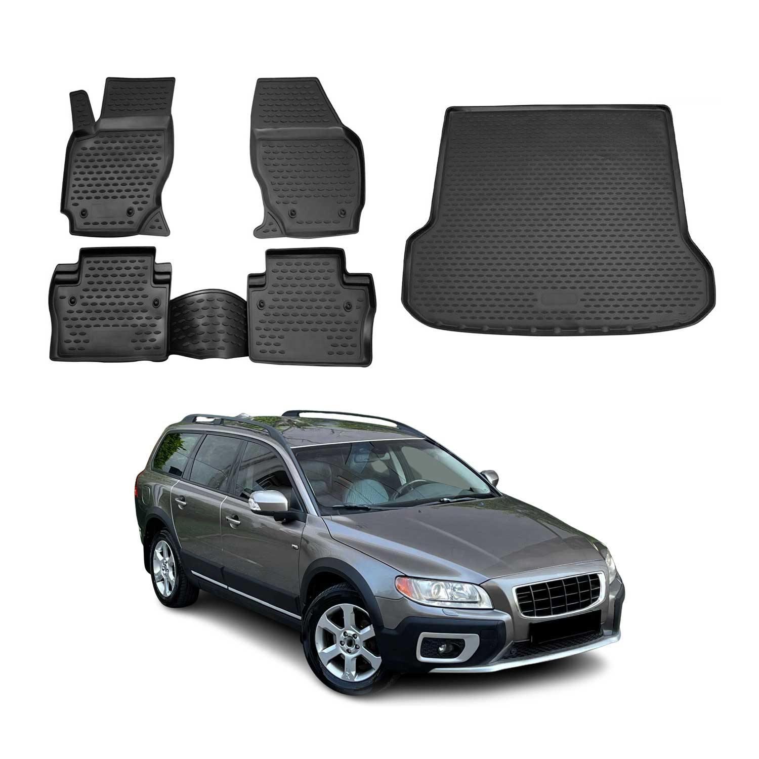 Kit Tapis de sol et coffre pour Volvo XC70 2007-2021 en Caoutchouc TPE Noir