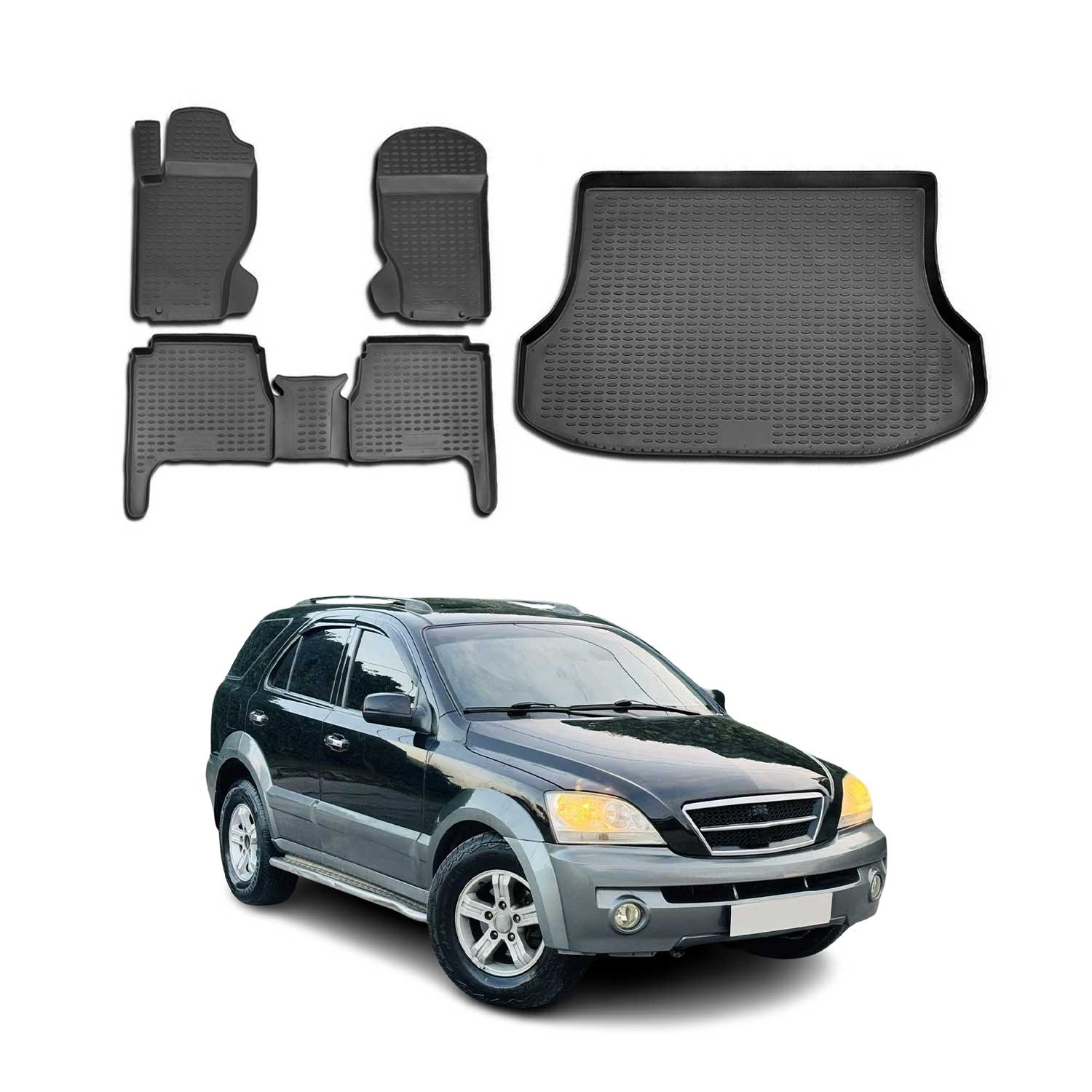 Kit Tapis de sol et coffre pour Kia Sorento 2002-2009 en Caoutchouc TPE Noir
