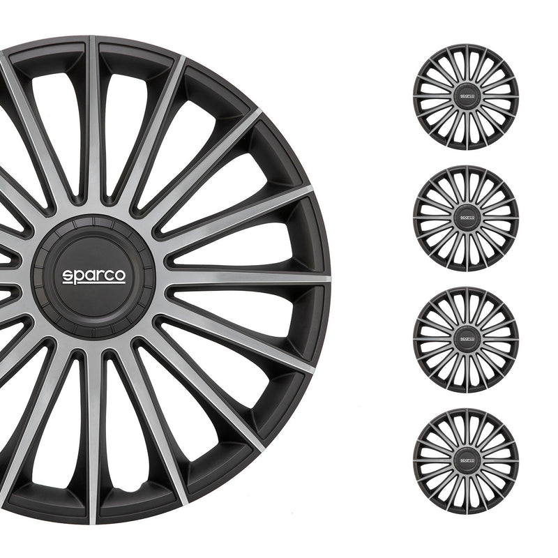 SPARCO Jeu Enjoliveurs de Roues 14 Pouces Noir Argenté en ABS 4 piéces