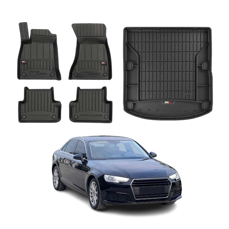 OMAC Kit Tapis de sol et coffre pour Audi A4 S4 B9 Berline 2015-25 Premium Noir