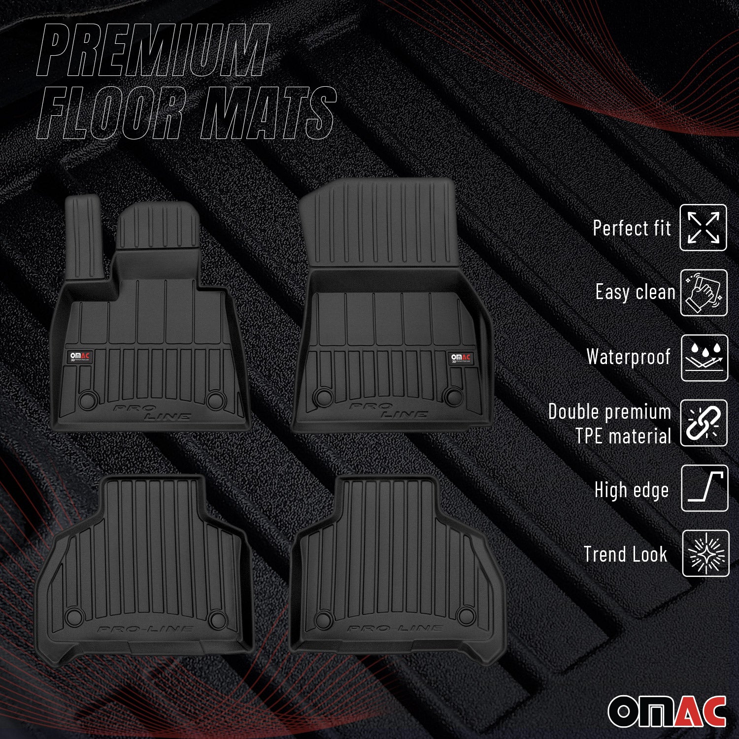 OMAC Tapis de sol caoutchouc pour BMW X7 G07 2018-2026 Noir Premium 4 pièces