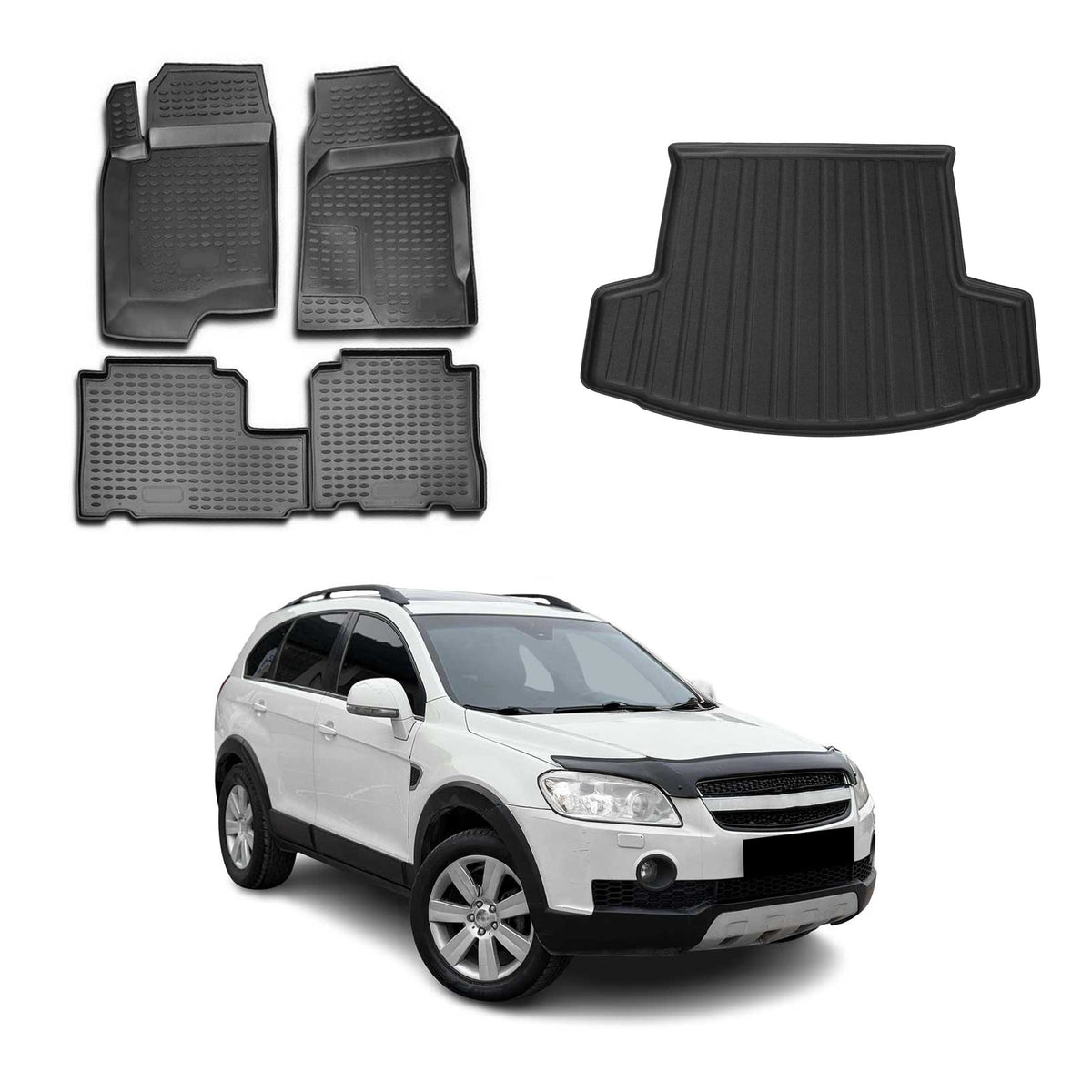 Kit Tapis de Sol et Coffre pour Chevrolet Captiva 2006-2018 5 Places Noir TPE