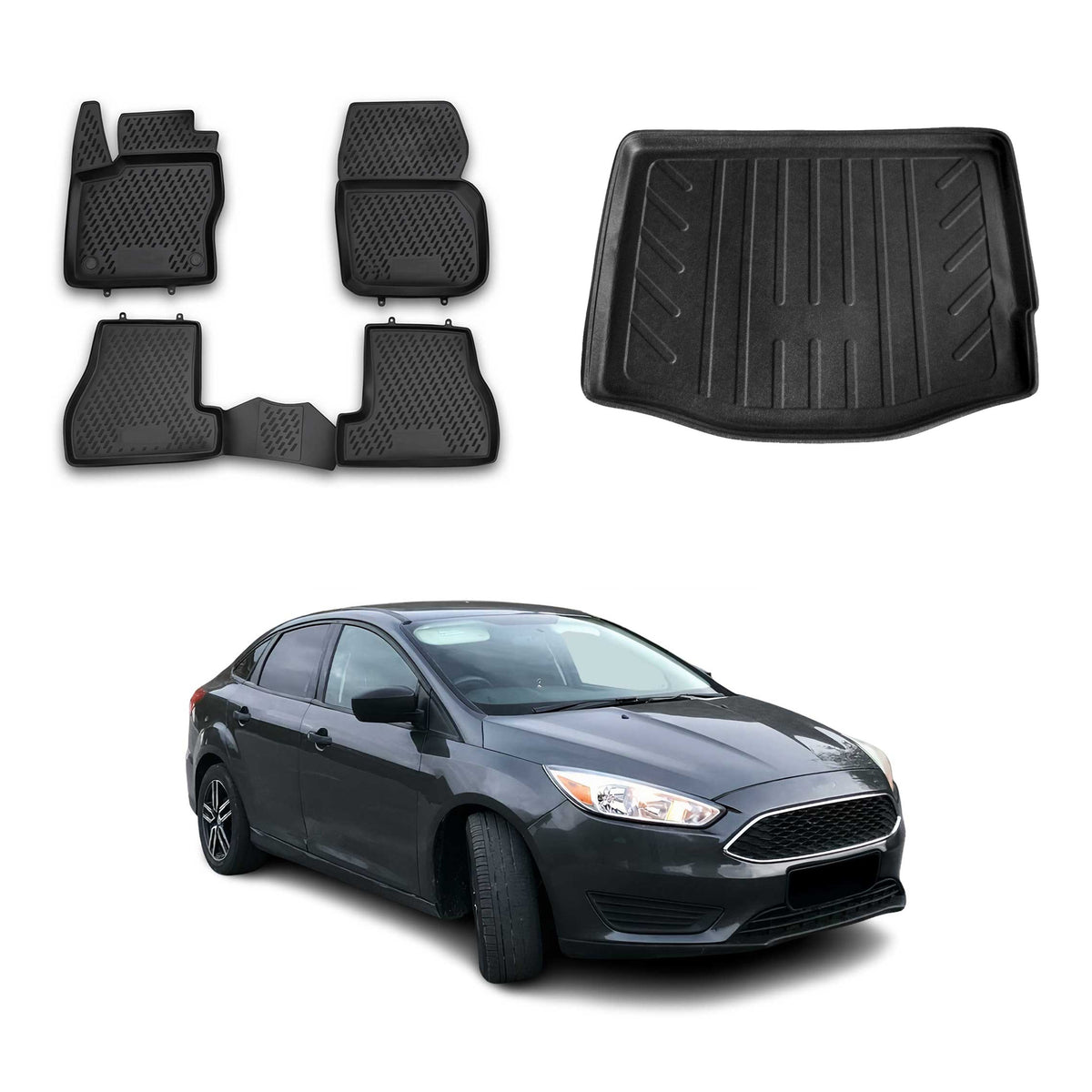 Kit Tapis de Sol et Coffre pour Ford Focus mk3 HB 2011-2018 5Portes Noir TPE