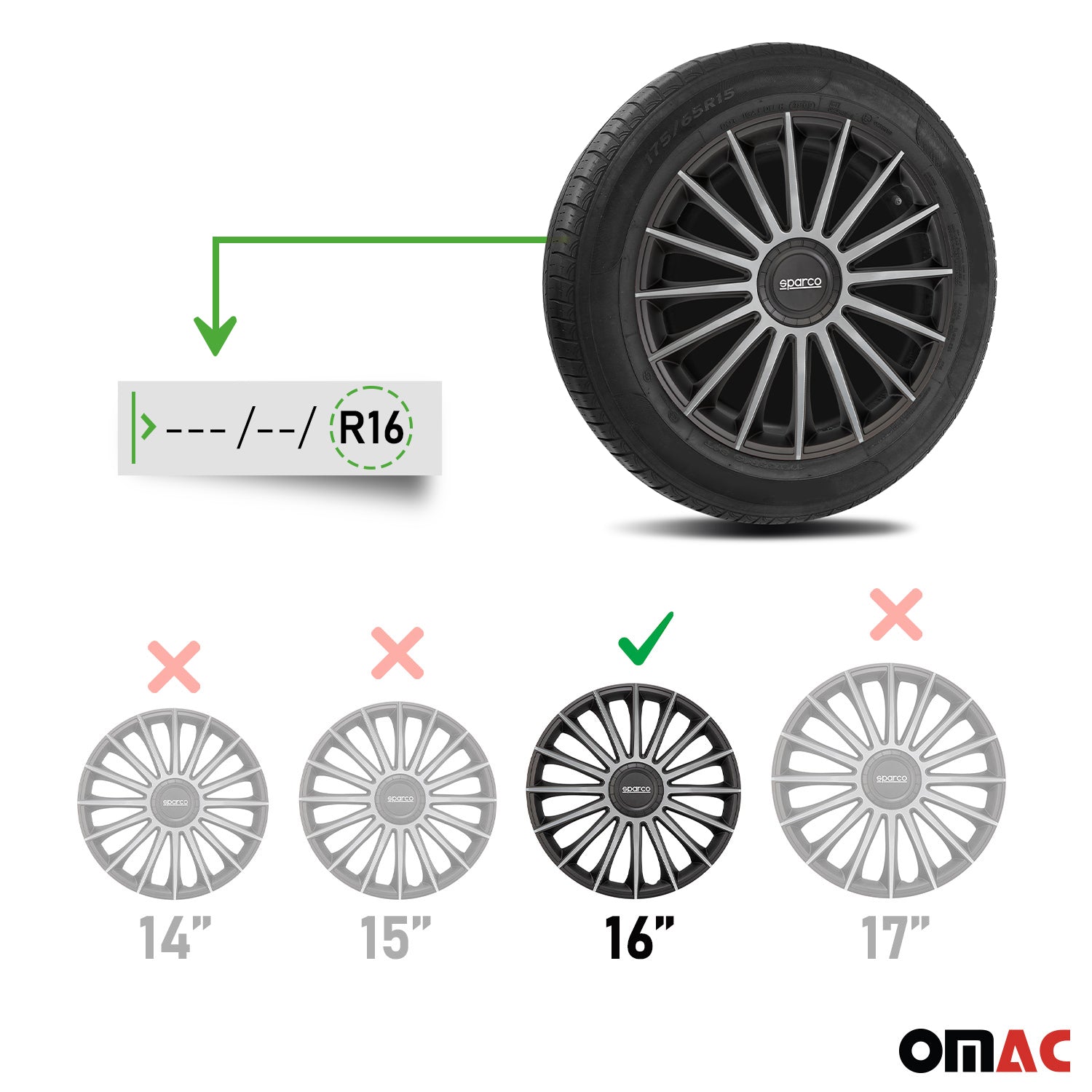 SPARCO Jeu Enjoliveurs de Roues 16 Pouces Noir ABS 4 piéces