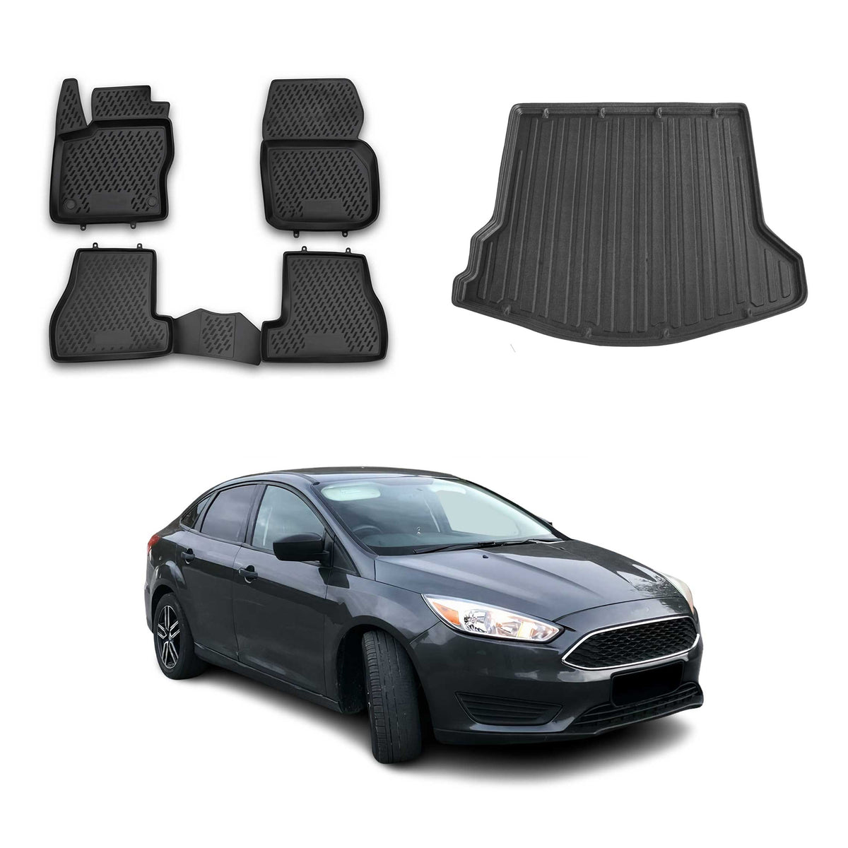 Kit Tapis de Sol et Coffre pour Ford Focus III Berline 2011-2018 Noir TPE