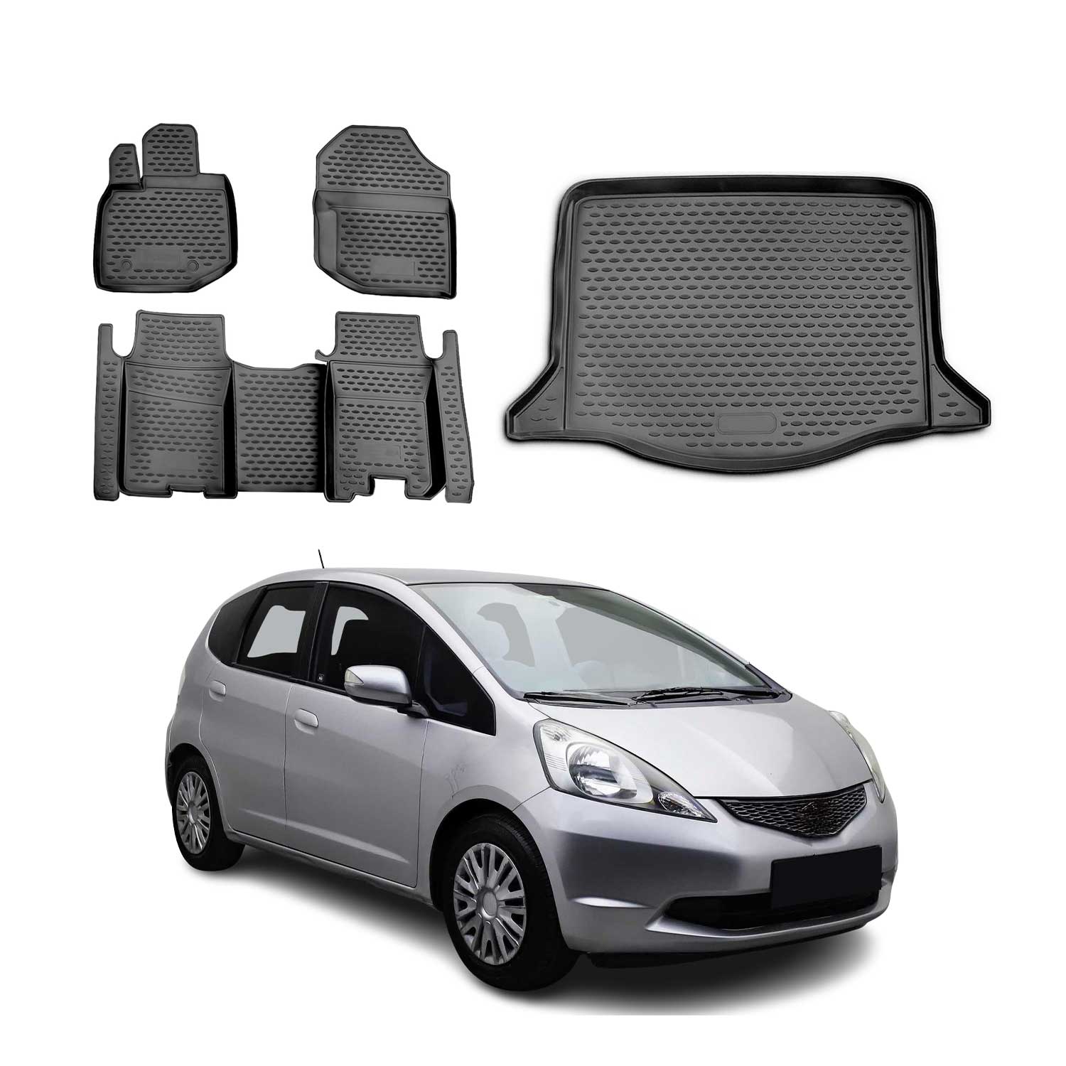 Kit Tapis de sol et coffre pour Honda Jazz mk2 HB 2008-2015 Caoutchouc TPE Noir