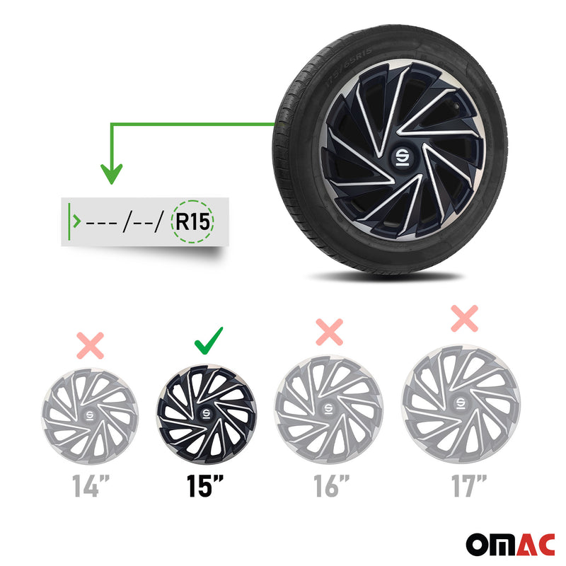 SPARCO Jeu Enjoliveurs de Roues 15 Pouces Argenté Noir en ABS 4 piéces